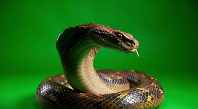Predatory king cobra snake rearing up, head turning, flicking its tongue on green screen footage