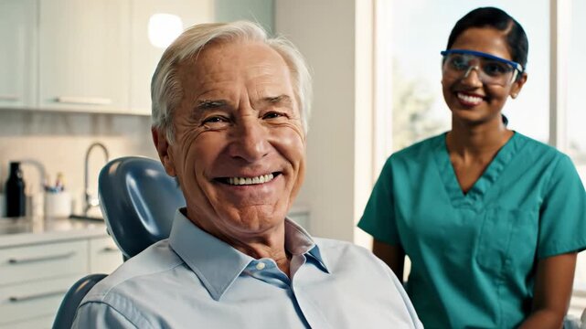 female dentist putting on protective face mask and goggles before examining senior caucasian patient. elderly man sitting in chair at stomatology clinic. oral healthcare and hygiene checkup.
