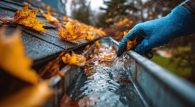 Gloved hand clears autumn leaves and debris from a clogged rain gutter