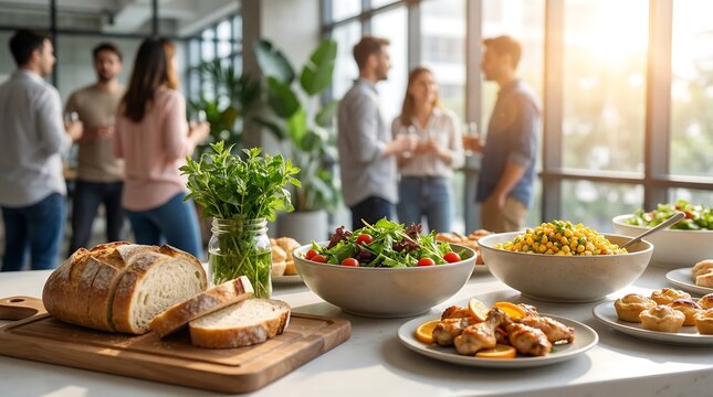 A vibrant catering buffet with diverse healthy food options is beautifully arranged for a corporate event with people mingling in the background.