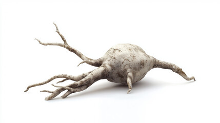 Fototapeta premium An odd looking root vegetable with multiple spindly tendrils lies horizontally against a plain white backdrop, revealing intricate textures and organic shapes.