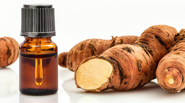 Amber bottle with natural galangal root oil extract sitting next to fresh rhizomes on a white surface showcasing herbal remedy and wellness treatment for skin.