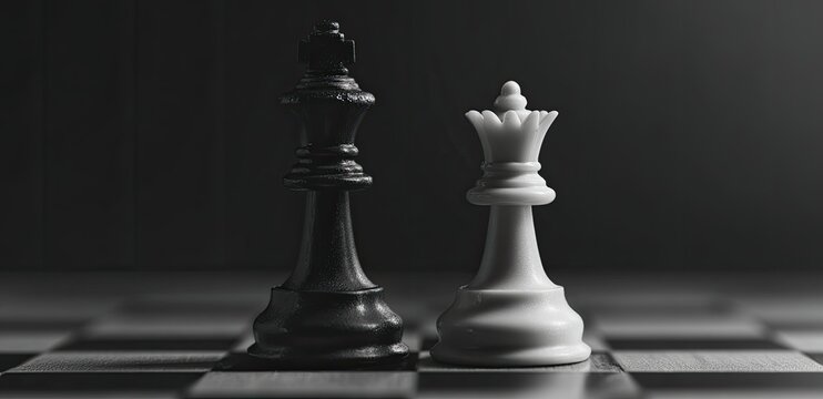 Two chess pieces, king and queen, stand facing each other on a board