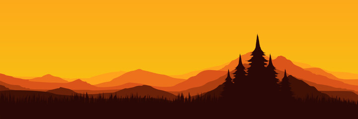 Wide screen nature banner featuring coniferous forest and warm sky copy space © FahrizalNurMuhammad