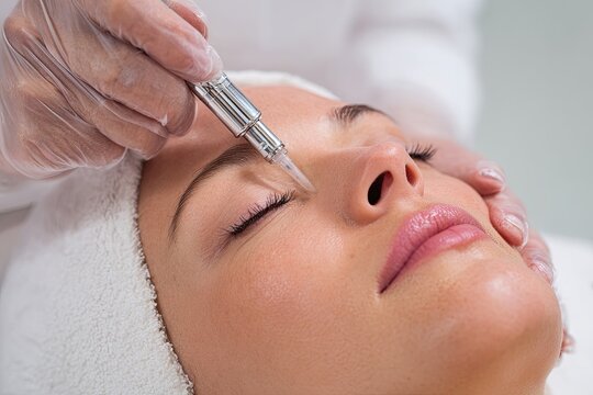 Close-up of a person's face receiving a cosmetic procedure with a tool
