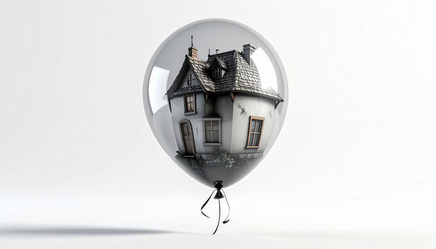 A whimsical 3D illustration of a miniature house floating inside a clear balloon on a white background