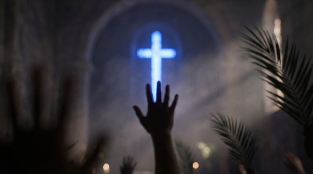 Hands raised in worship during a prayer service in front of a glowing church cross. Palm Sunday celebration with palm leaf decoration. Christian religious event and spiritual gathering.