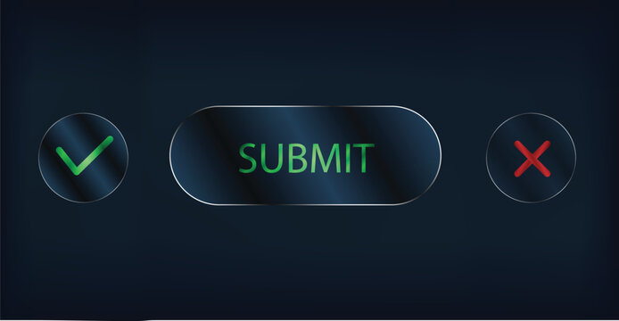 Liquid glass submit button UI interface glossy transparent liquid glass effect web button with check mark confirmation and cancel cross modern design