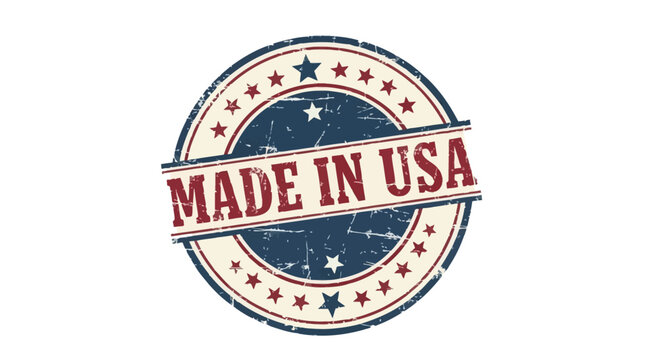 Distressed circular rubber stamp features bold text 'Made in USA' diagonally across a textured American flag pattern for authentic labeling.