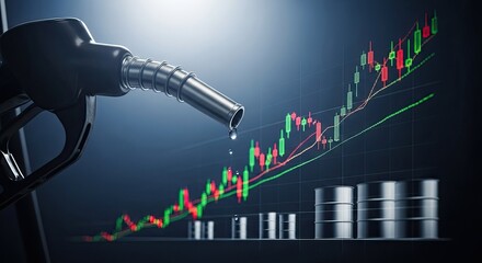Fuel nozzle dispensing petrol with upward price trend graph and stacked oil barrels representing global inflation and energy crisis