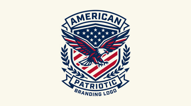 American patriotic branding logo features a stylized bald eagle perched above a shield displaying flag elements and laurel wreaths.
