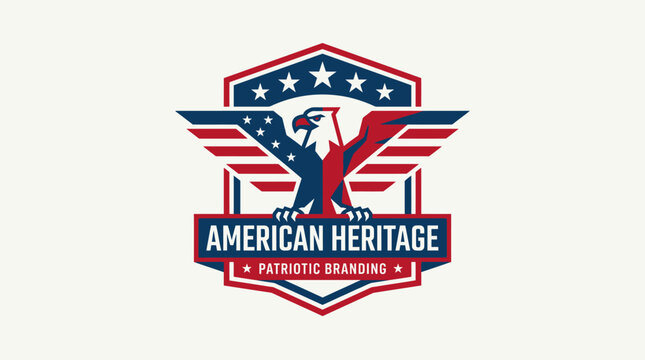 American heritage graphic emblem features a stylized bald eagle silhouette set against a red, white, and blue shield design.