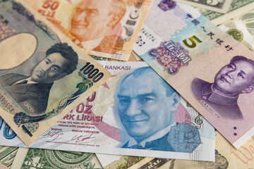 Macro Collage of International Banknotes Including Turkish Lira and Japanese Yen