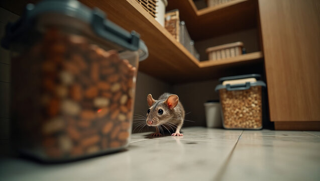 Unsanitary Kitchen Condition Featuring a Rat Near Food Containers