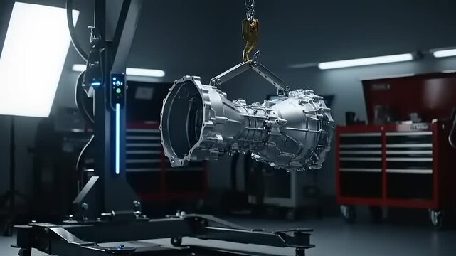 Car Engine Being Lifted in Garage Workshop.