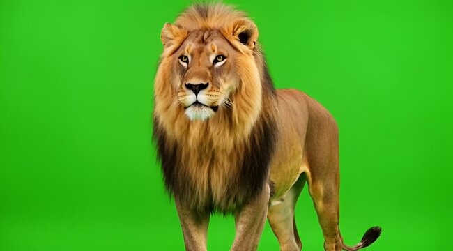 Majestic male lion with impressive mane standing patiently in green screen motion footage