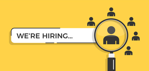We are hiring banner with magnifying glass searching for candidate among multiple people on yellow background