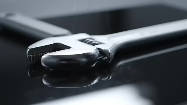 Closeup Adjustable Wrench Rotating on Black Surface.