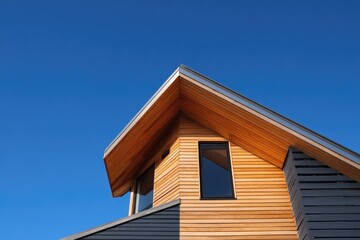 Modern wooden home exterior with angled rooflines under a clear blue sky