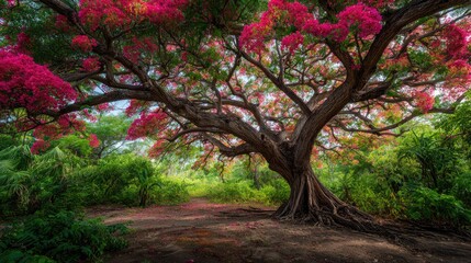 Fototapeta premium Majestic tree adorned with vibrant pink flowers in a lush green landscape, capturing the beauty of nature and springtime serenity