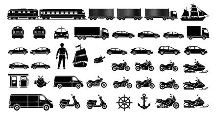 Collection of various transportation vehicles and related icons in silhouette. © Nenti