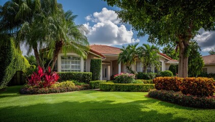 Obraz premium Lushly landscaped single-story home with manicured lawns and vibrant plants