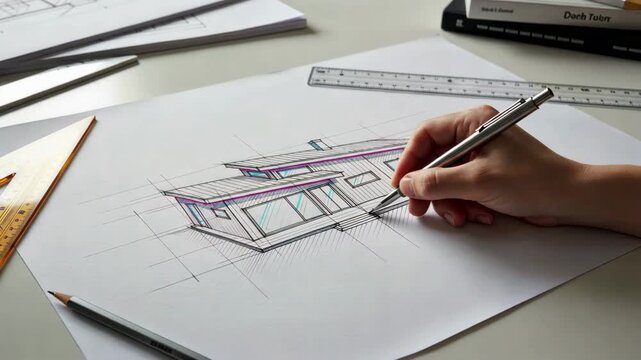 A hand drawing an eco bungalow with tools on desk, clean linework, home planning and sustainable design concept, hand drawing of modern house background
