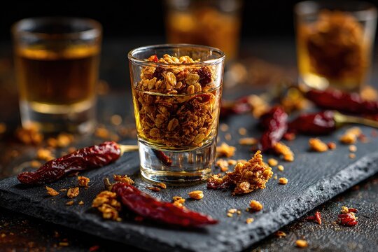 Crispy chili flakes and spices served in small shot glasses, artfully arranged