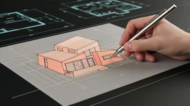 A hand refining compact modern house with blueprint shapes, drafting process and home design planning concept, hand drawing of modern house background