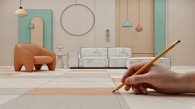 A hand a sketching interior layout with sofa and chair, modern room planning and interior design concept scene, hand drawing of modern house background