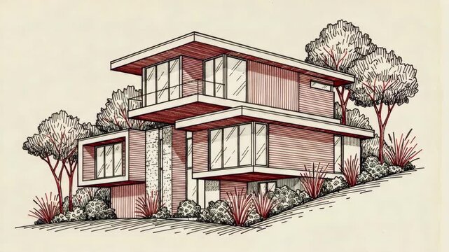 The hillside modern house line drawing with trees and shrubs, residential architecture concept illustration, hand drawing of modern house background