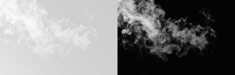 Abstract white steam explosion, mystical fog texture trail and swirling smoke puff on white background. Overlay smoke for background effects, atmospheric design or coffee steam simulation png © Alehandro