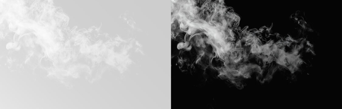 Abstract white steam explosion, mystical fog texture trail and swirling smoke puff on white background. Overlay smoke for background effects, atmospheric design or coffee steam simulation png