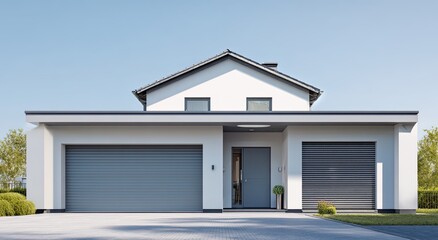 Modern white house with two garages, clean lines, and a manicured lawn
