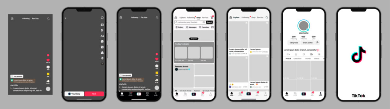 TikTok Mobile App Interface Mockup with TikTok For You Feed, TikTok Video Editor, TikTok Shop and Profile Screens