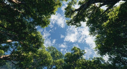 Obraz premium Looking up through lush green tree canopy at a bright blue sky