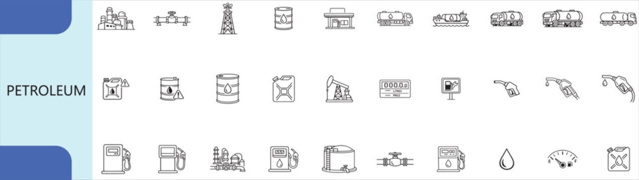 petroleum industry icon set, minimal outline oil and gas symbols