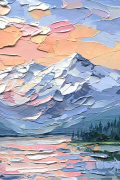Mountain lake impasto painting with pastel sunset sky snowy peak and pine forest reflection serene landscape art