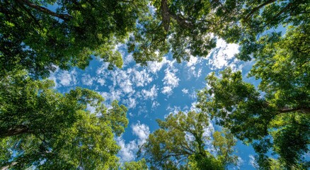 Fototapeta premium Looking up through lush green trees at a bright blue sky with white clouds
