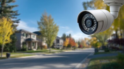 Outdoor security camera monitoring suburban street with trees and houses in the background, showcasing neighborhood safety and surveillance technology