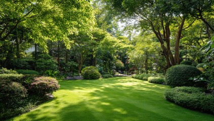 Fototapeta premium Lush green lawn surrounded by manicured trees, bushes, and dappled sunlight