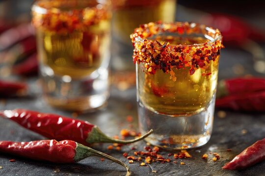 Spicy shots with chili-rimmed glasses, presented with dried chilies