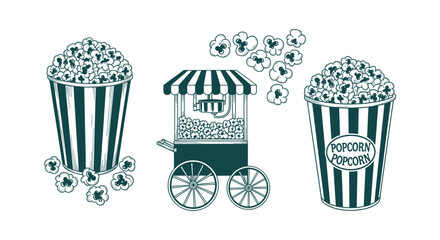 Retro hand drawn popcorn illustration set with vintage cart and striped buckets for movie theater © Salma