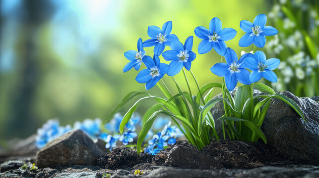 A cluster of vibrant blue Scilla flowers blooms amidst rocks and soil, gently swaying in the soft light of a sp morning in a natural garden setting.