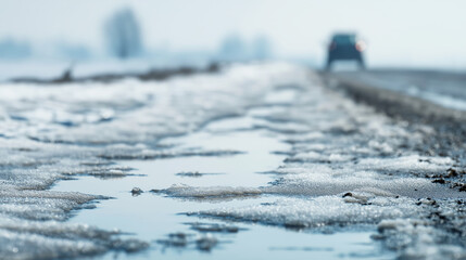 Naklejka premium Melting snow and ice on a rural road, creating puddles reflecting the sky with a car driving away