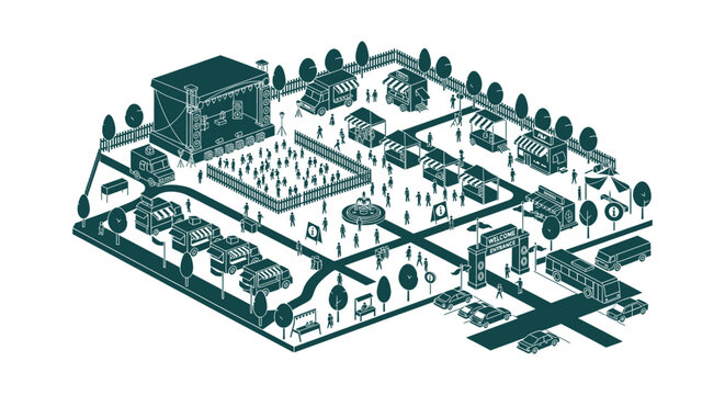 Outdoor Community Festival and Event Fair Isometric Vector Illustration with Food Trucks and Stage