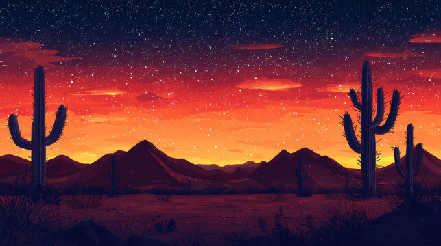 Majestic cacti stand silhouetted against a vibrant desert sunset, where stars twinkle above rugged mountains in this stunning digital landscape art piece.