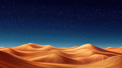 Fototapeta premium A captivating vista unfolds across a serene desert landscape, where undulating sand dunes meet the mesmerizing expanse of a star-filled night sky, creating wonder.