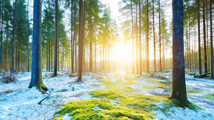 Obraz premium Sunrise light piercing through tall pine trees, illuminating melting snow and emerging vibrant green moss on the tranquil forest ground