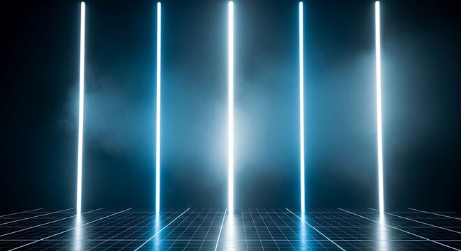 Glowing neon light bars on futuristic stage with reflective grid floor background